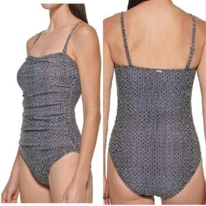 DKNY Bandeau Maillot Black & White Diamond Print One-Piece Swimsuit XL